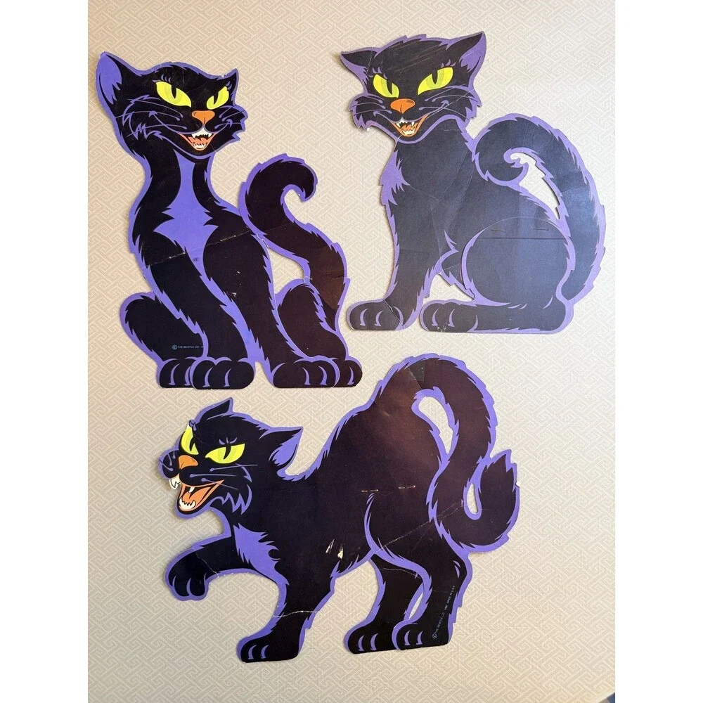 Vintage 1982 Beistle Halloween Black Cat Stand-Up Die Cuts Set 3 Scary Props